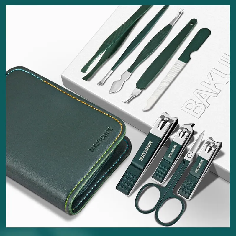 Green 9 Pcs Manicure Set With Leather Case Professional Foot And Face Care Tool Kits Stainless Steel Nail Clipper Sets Gift