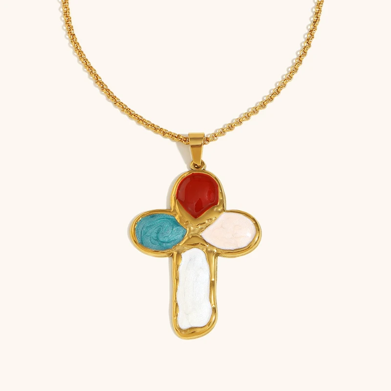 Edelstahl-Tauchglasur-Kreuzanhänger-Halskette, personalisiert, trendig, Emaille, weiß, farbenfroh, allergiebeständig, Schmuck, neu – Detail 9