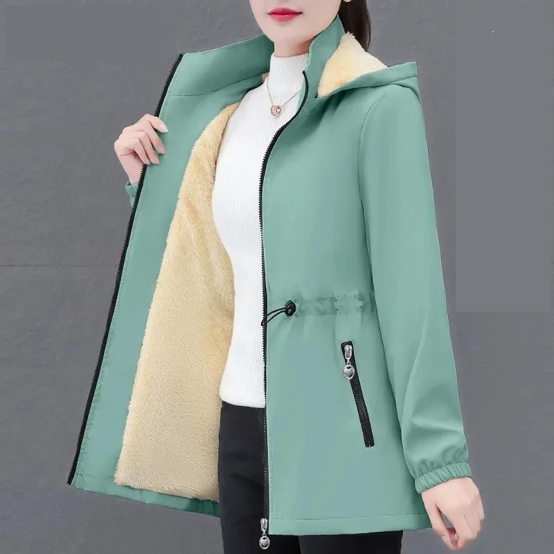 2025 Autumn Winter Women Trench Coat Solid Hooded Mid Long Velvet Warm Windbreaker Female Casual Tops Gabardina Mujer Outerwear