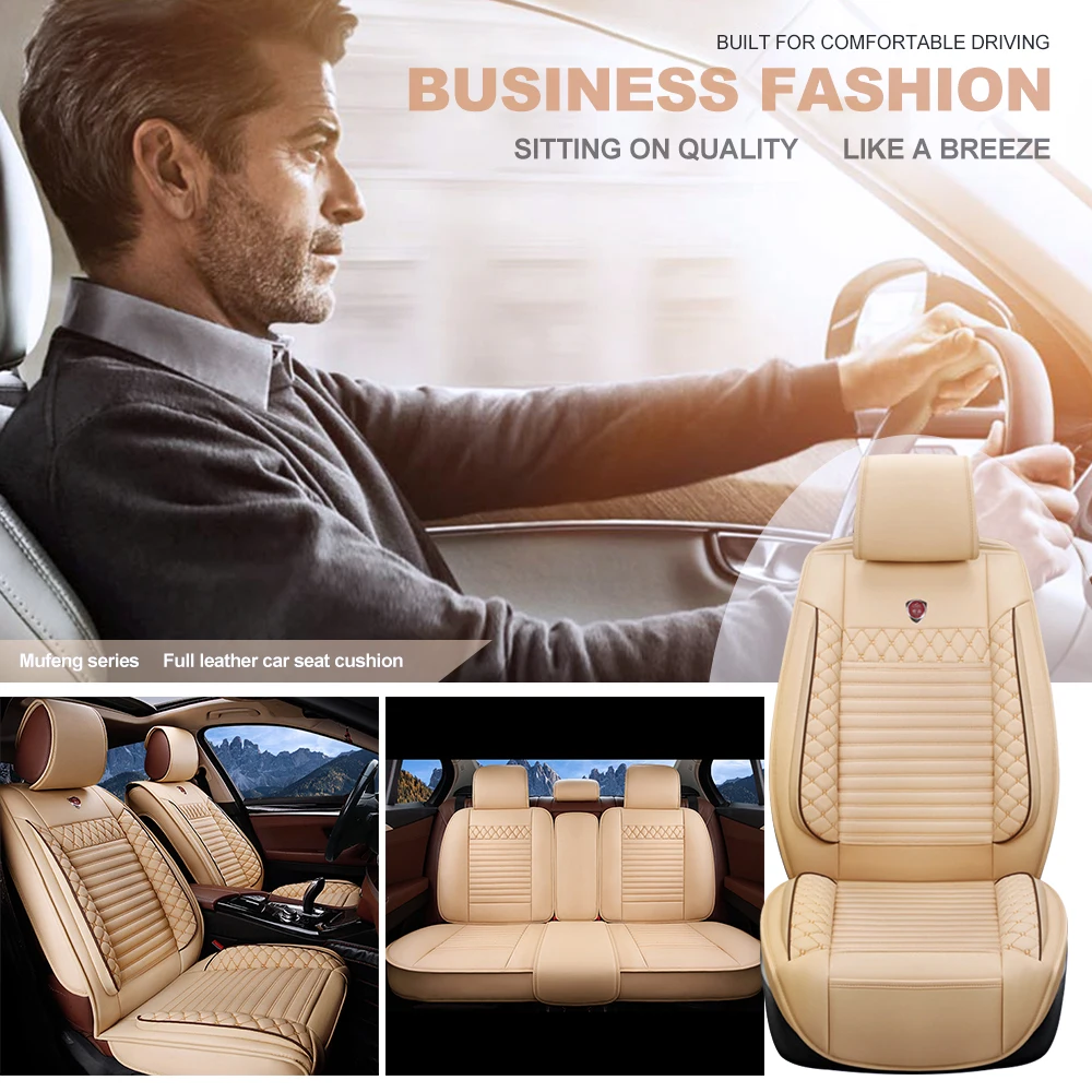 Five Seat Covers PU Leather Seat Cover Full Set Front Rear Seat Protection Cushions Waterproof Suitable For All Seasons Beige