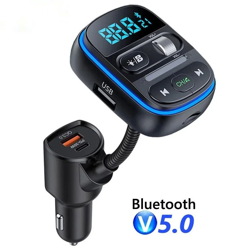 

T77 Bluetooth 5.0 FM Transmitter for Car, Stronger Hifi Bass Microphone, PD 30W+QC 3.0 Fast Charging Adapter with 7 Colors LED