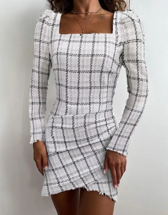 

Elegant Pretty for Women's Dresses 2024 Spring Summer Square Neck Long Sleeve Plaid Print Raw Hem Ruched High-Waisted Dress