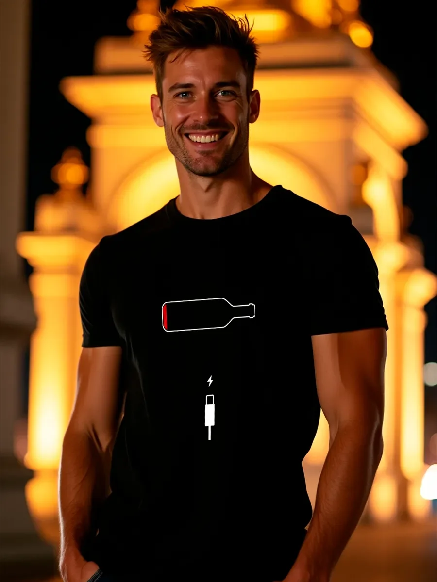 تي شيرت قطني من Wine Humor - تي شيرت برسومات شحن زجاجة النبيذ المضحكة - قميص أسود أنيق لعشاق الكحول وعشاق الفكاهة