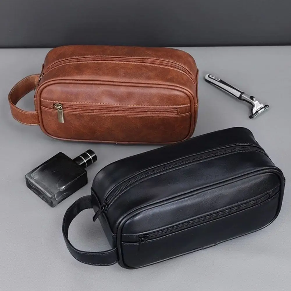 

Portable Multi Pocket Men Leather Wash Bag Zipper Handheld Cosmetic Storage Bag Large Capacity Waterproof Makeup Pouch Bathroom