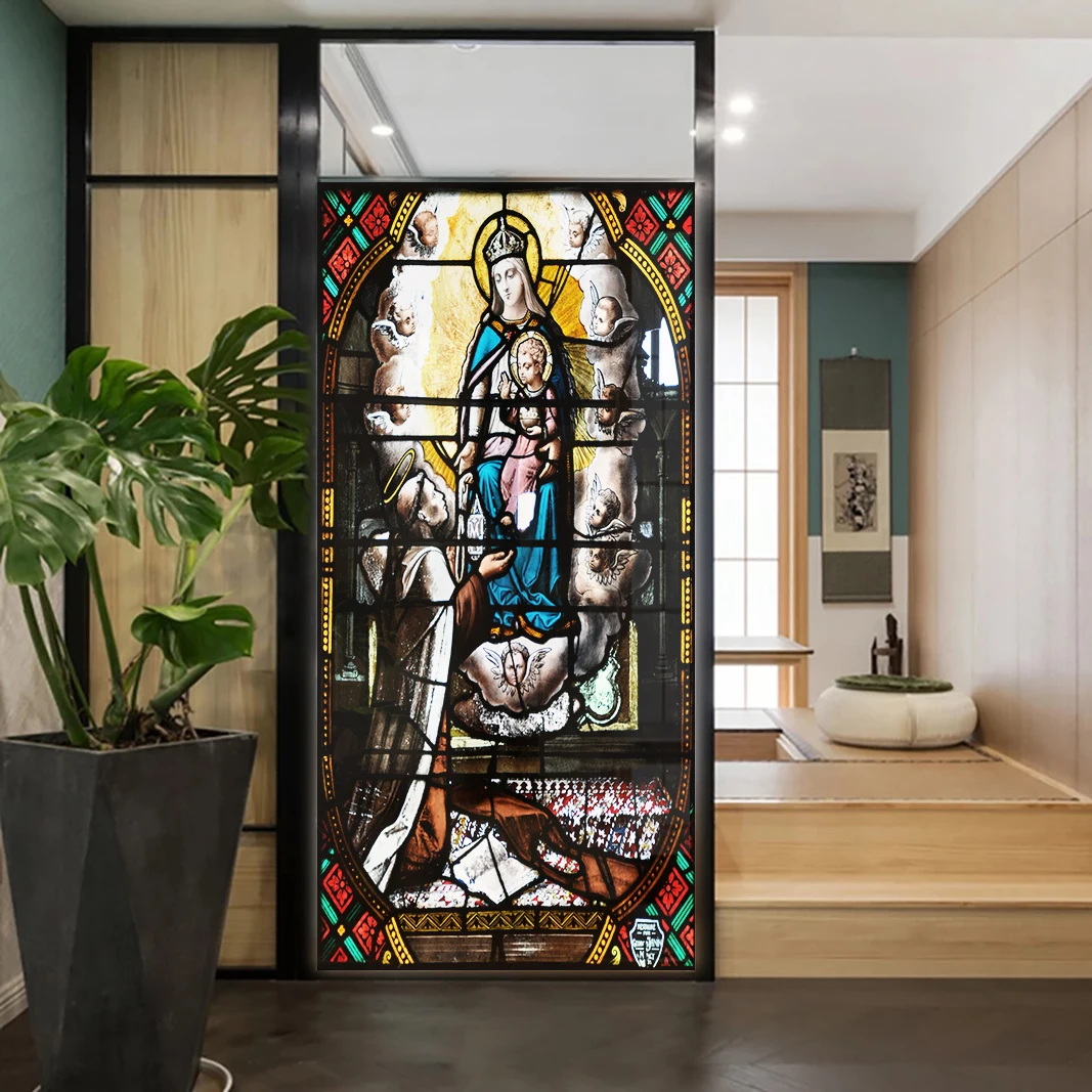 Church Stained Glass Decals Window Film Privacy Heat Insulation and Anti UV Blocking Static Cling Window Sticker for Home J19