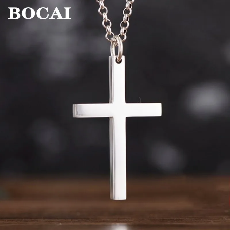 

BOCAI New 100% S999 Pure Silver Jewelry Accessories Simple Glossy Jesus Cross Fashion Man and Woman Pendants