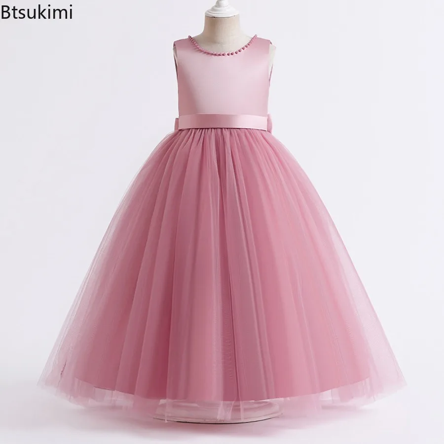 Toddler Girl Birthday Tulle Pearl Dress Spring Summer New Girl Solid Color Wedding Dress Backless Bow Gown Party Princess Dress