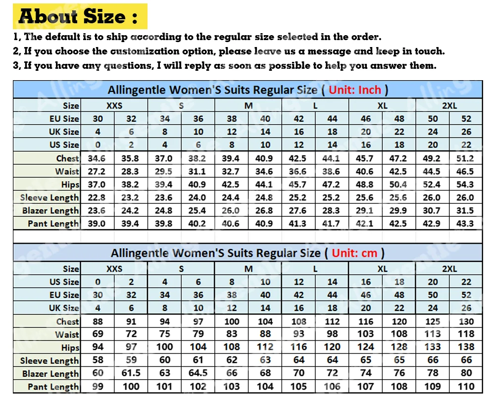 Allingentle Women's Pantsuit Outfit 2 Piece Suit Double Breasted Women's Suits Peak Lapel Blazer & Trousers Customize
