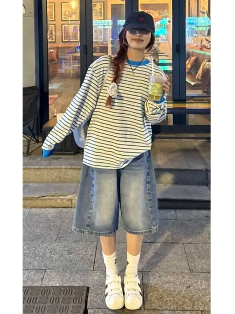 

Retro Blue Wide Leg Five-Quarter Jeans Women's Summer New Large Size Loose Slimming Short Straight High Waist Denim Pants