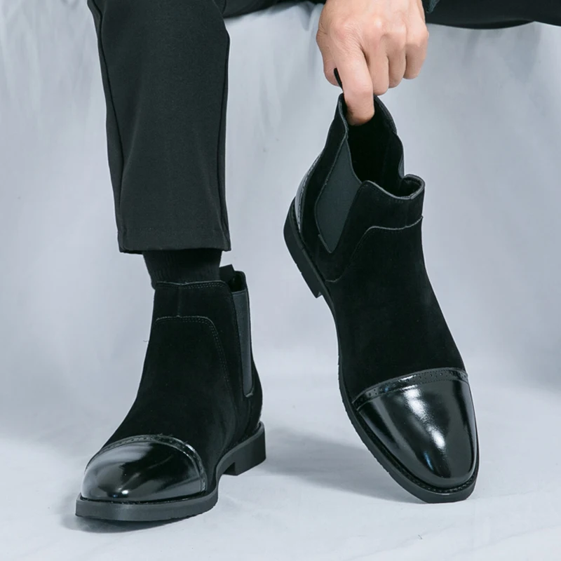 

Classic Fashion Patchwork Men's Black Shoes Big Size 38-46 Luxury Dress Shoes Pointed Leather Ankle Short Chelsea Boots for Men