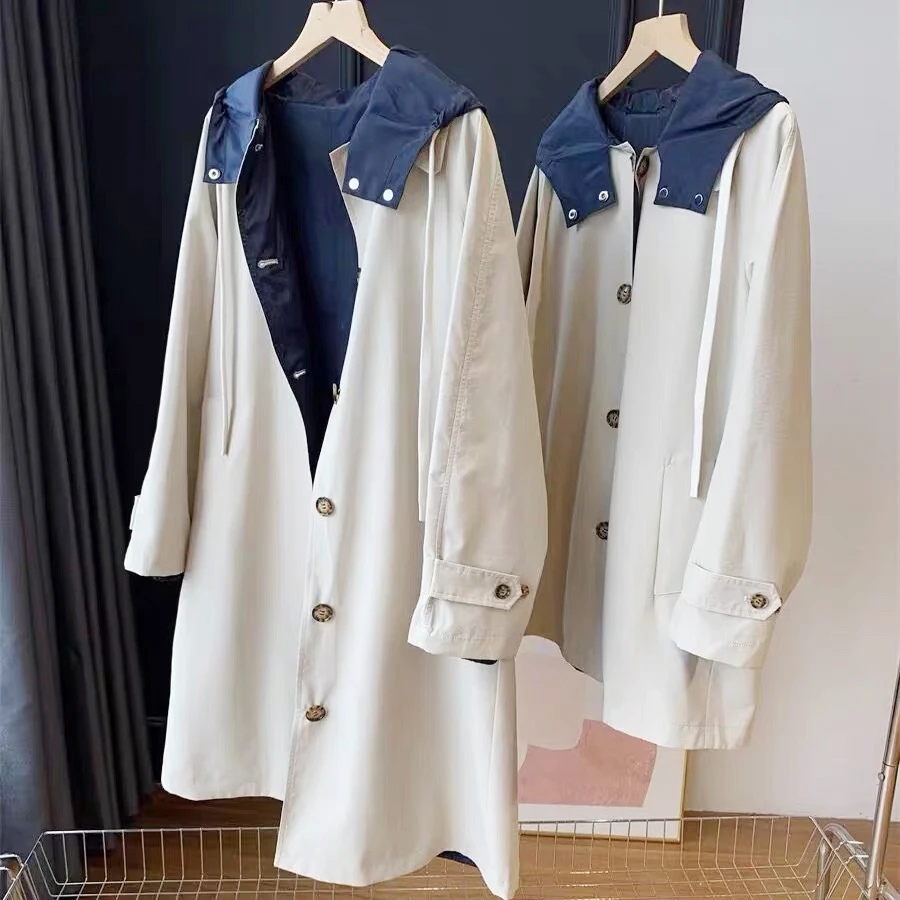 

Elegant Double-Sided Wear Long Hooded Windbreaker M-Series Showcase G-Net 4W Luxury British Preppy Style Women's Coat