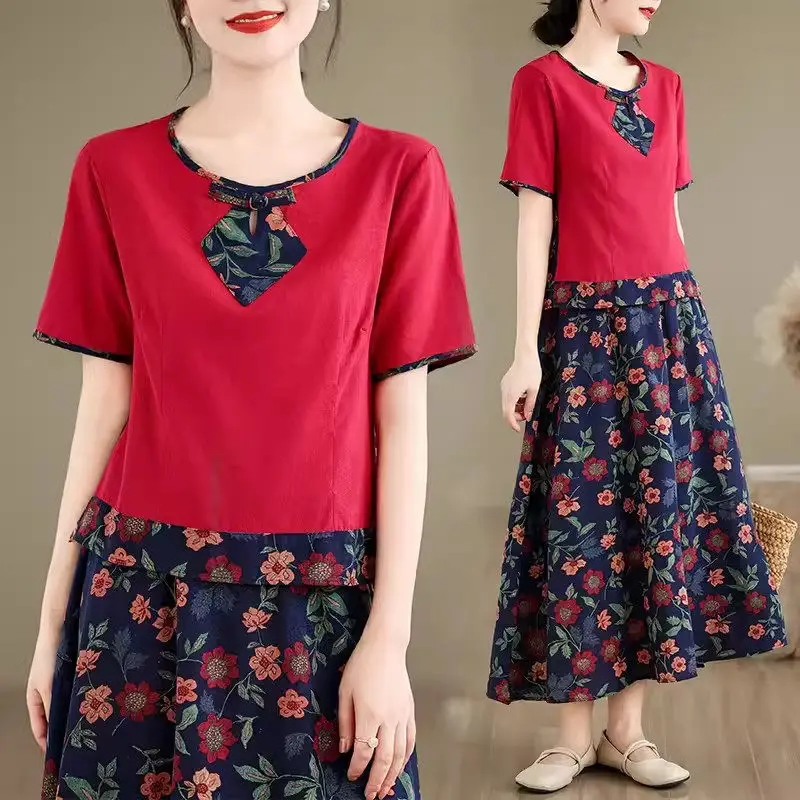 

Ethnic Style Retro Top Print Skirt 2024 Summer Short Sleeve Cotton Linen Shirts And Skirts Literary 2 Piece Set For Women K1483