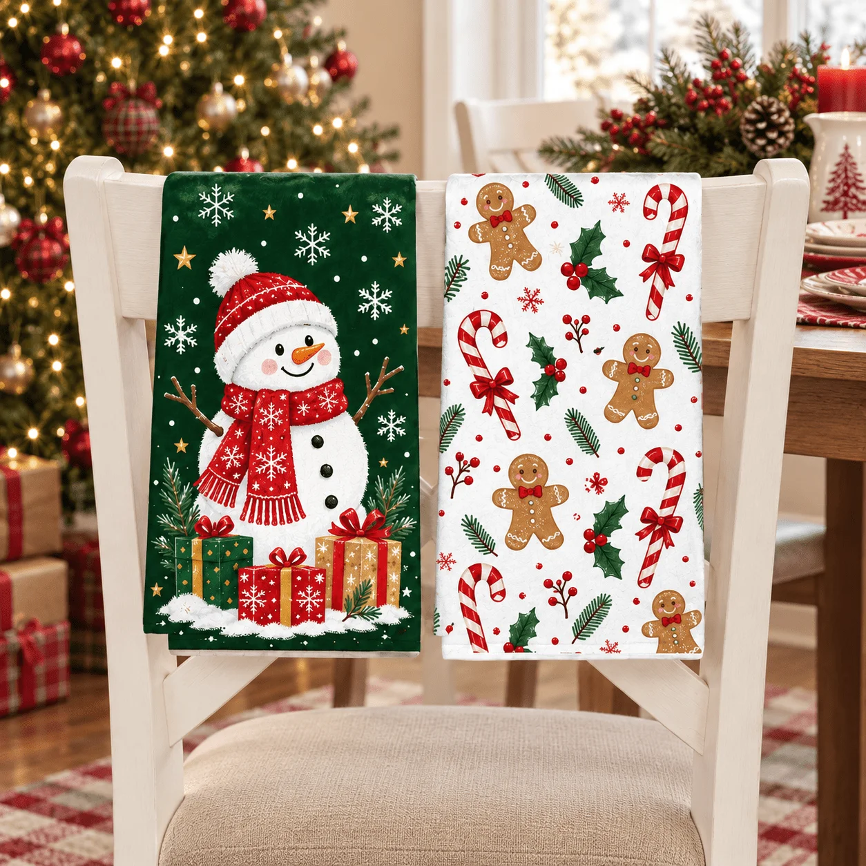 2Pcs, Christmas Kitchen Towel Set, Snowman Gingerbread Man Pattern Holiday Decoration Towel, Kitchen Fabric Art