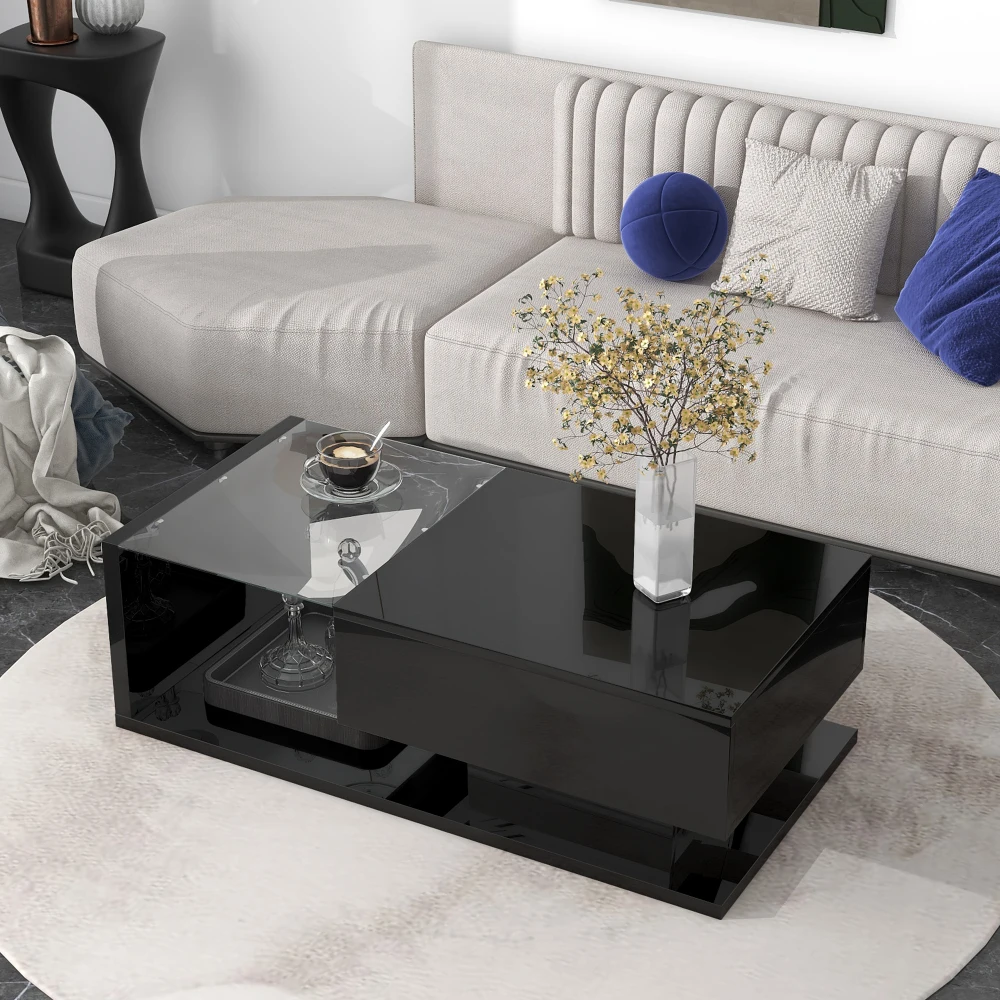 Café Tables, Tempered glass modern coffee table, wooden cocktail table with high-gloss UV surface