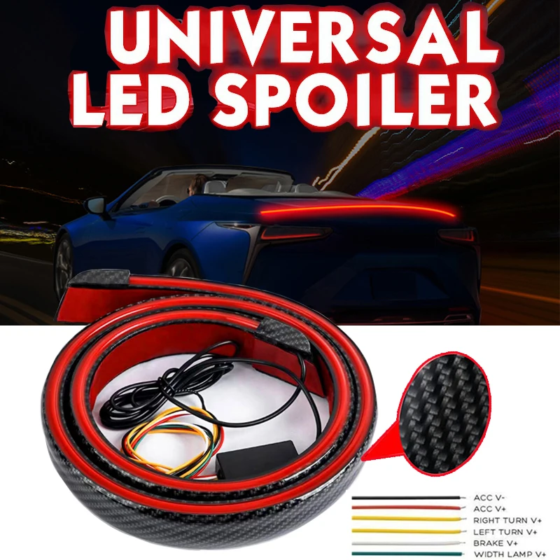 120cm Universal Carbon Fiber Color LED Tail Brake Turn Flowing Light Rear Trunk Roof Car Spoiler Lip Tail Wing Lid