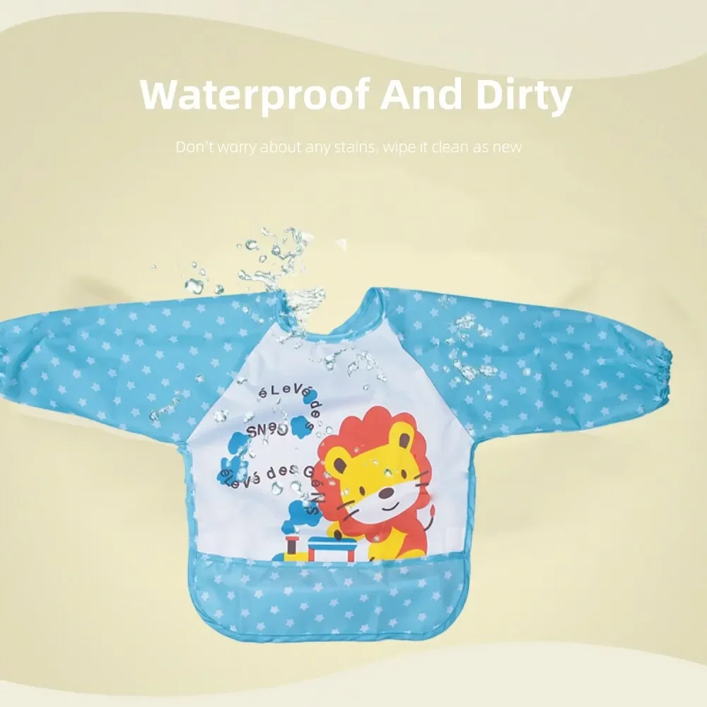 Waterproof Polyester Baby Bib, Long Sleeve, Cartoon Bib, Washable Full Cover, Bib Over Clothes