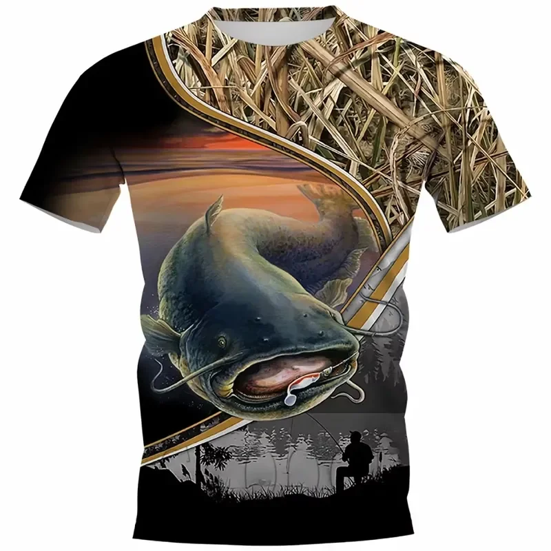 2026 Men's Summer Casual T-Shirt with Carp and Catfish Fishing Print Outdoor Themed Loose Fit Short Sleeve Round Neck Top for