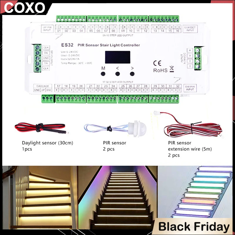 PIR Sensor Stair Light Controller 32CH Single Color 2CH RGB Pixel SPI LED Strip Dimmer Indoor Stairway Light Controller 5V-24V