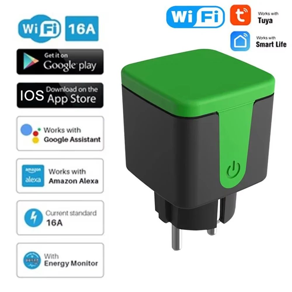 Prise extérieure intelligente WiFi Tuya EU 16A, étanche, avec surveillance de la consommation d'énergie, minuterie, compatible avec Alexa et Google Home