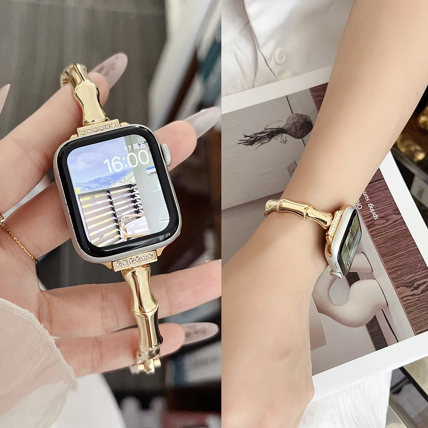 

Bamboo chain strap for Apple Watch S11 S10 46/42/44/45-38mm female wristband for IWatch series 9/8/7/6/SE-4 universal 18 20 22mm