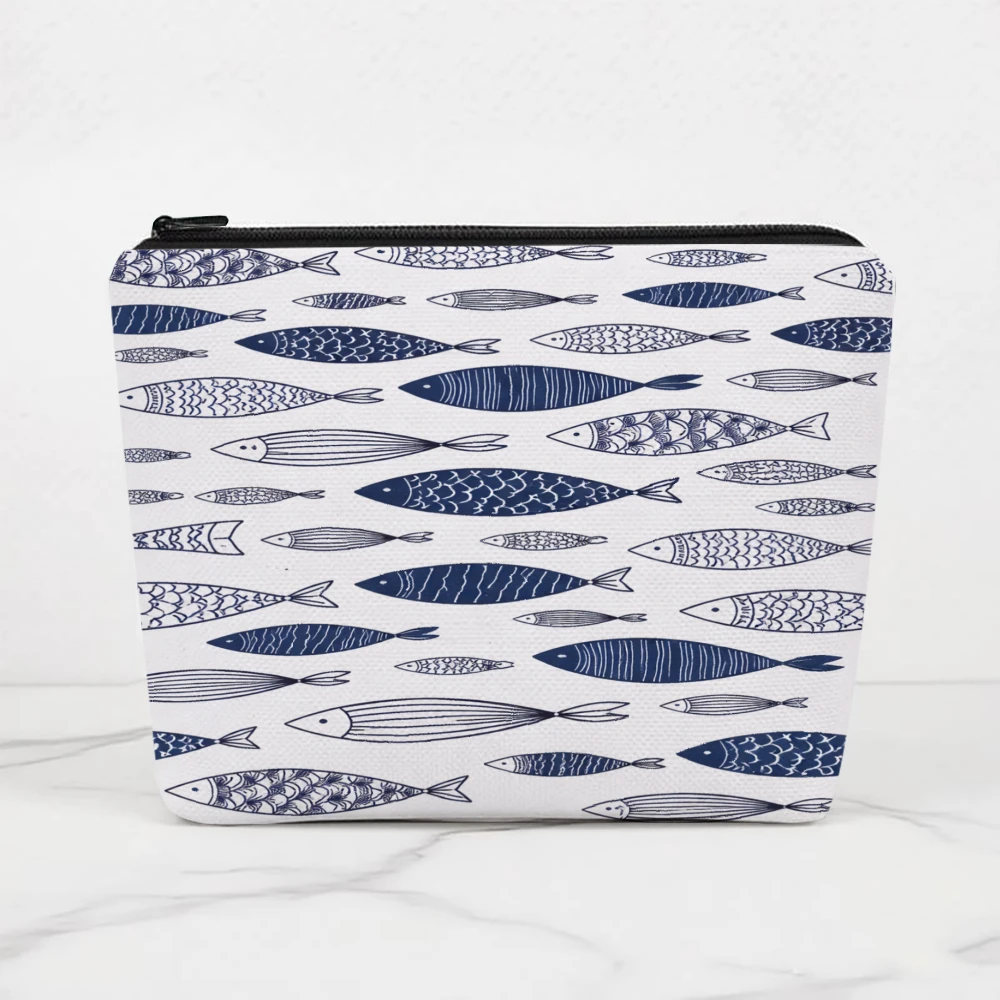 Fish Pattern Blue White Design Makeup Bags for Girls Cosmetic Pouch Toiletry Bag Pencil Case Travel Storage