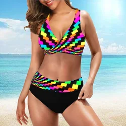 New Summer Women's Resort Style Swimwear Fashion Design Rainbow Curve Printed Swimsuit Two Piece Set S-5XL