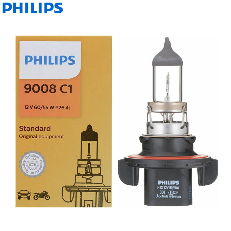 PHILIPS H13 Standard Vision Halogen Headlamp 12V 60/55W P26,4d Base Genuine Bulbs 3200K High Low Beam +30% Brighter 9008C1, 1/2X