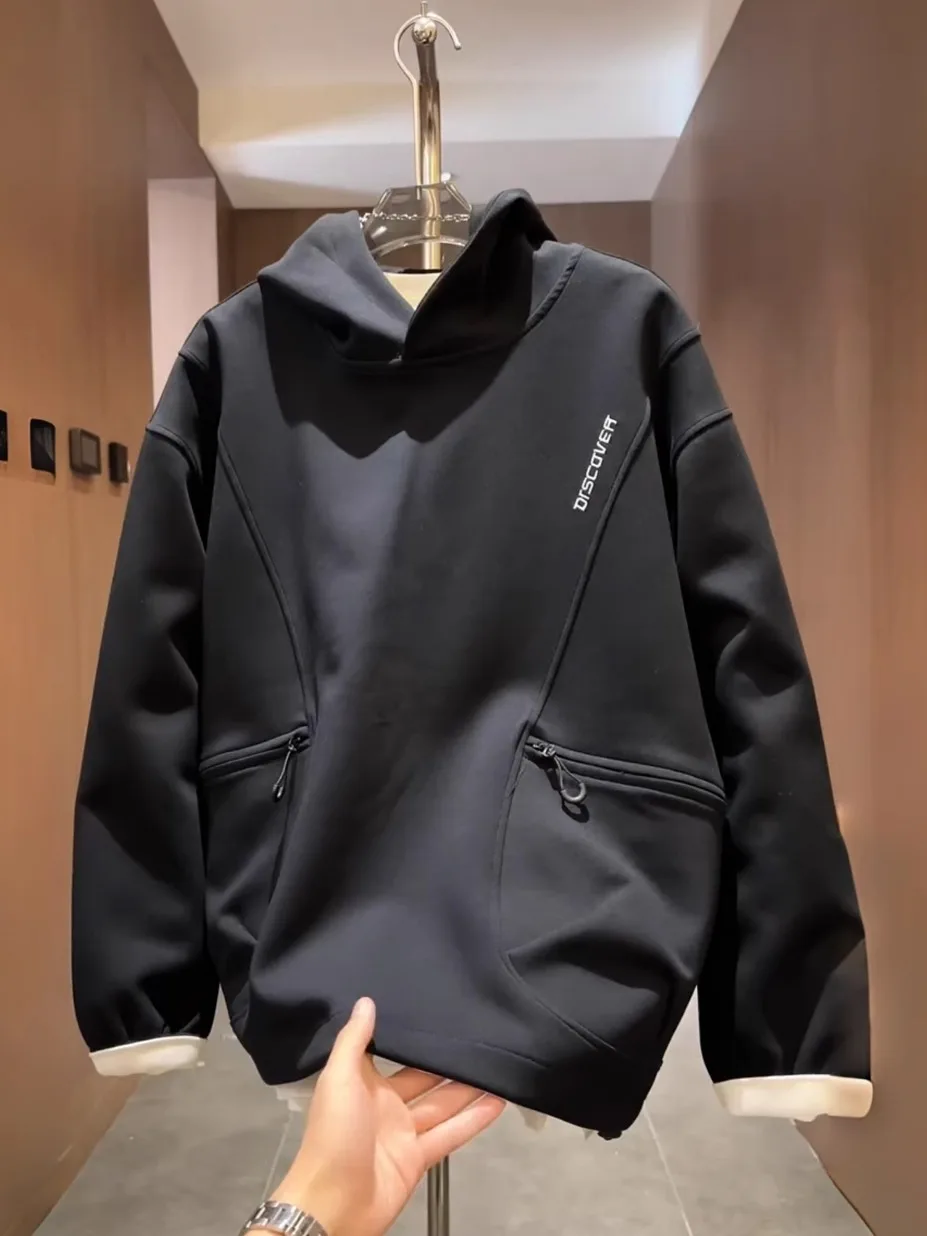 

Autumn New Heavy Embroidery Hoodie Men's Trendy Brand Handsome Design Large Pocket Versatile Casual Top Cotton Polyester Blend