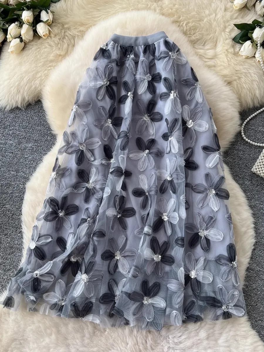 Foamlina الفرنسية رومانسية شبكة تنورة المرأة الصيف مرونة الخصر ثلاثية الأبعاد الأزهار ألف خط رائع طويل نصف تنورة Holdiay التسوق