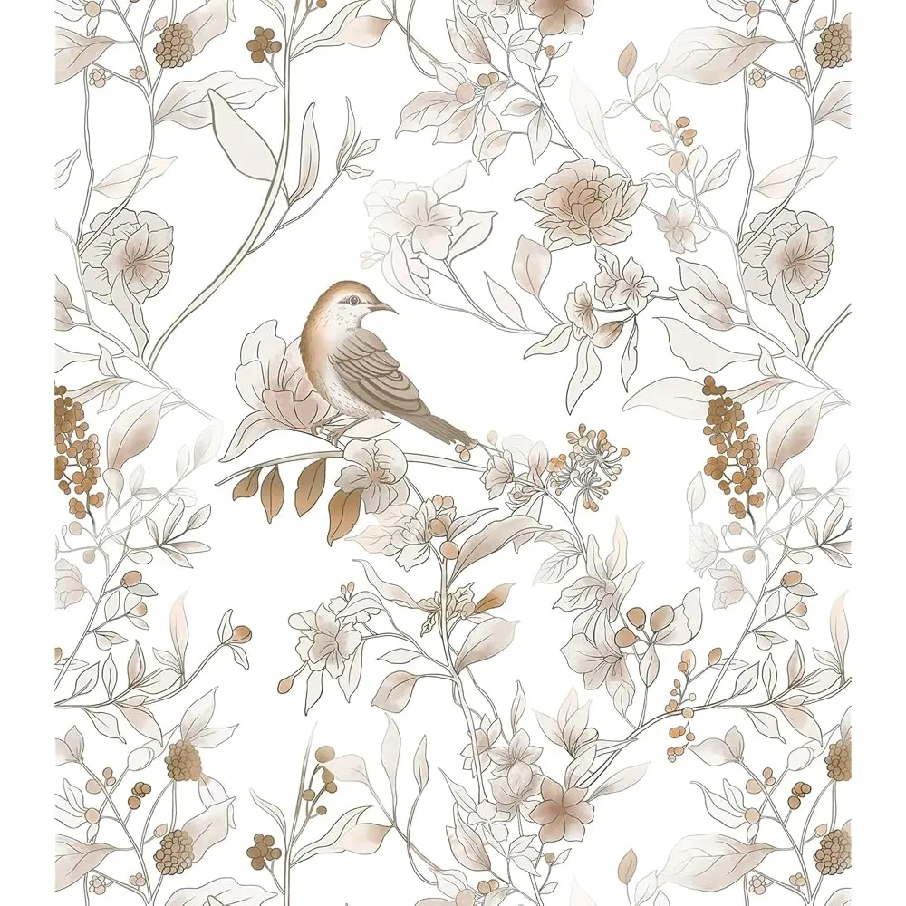 

17.3''X197'' Floral Bird Peel And Sti Wallpaper For Bedroom Self Adhesive Removable Wall Paper Brown Contact Paper For Living