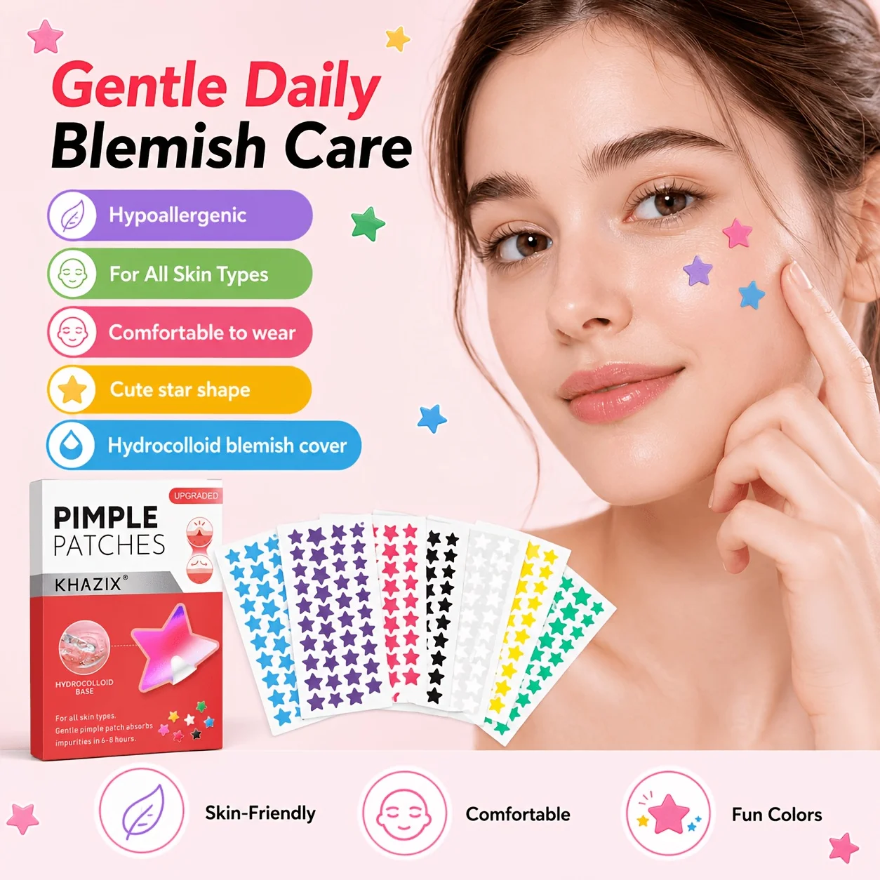 280pcs Star Pimple Patches, 7 Colors Hydrocolloid Acne Spot Stickers, Cute Waterproof Blemish Cover Patches for Face, Day & Nigh view 6