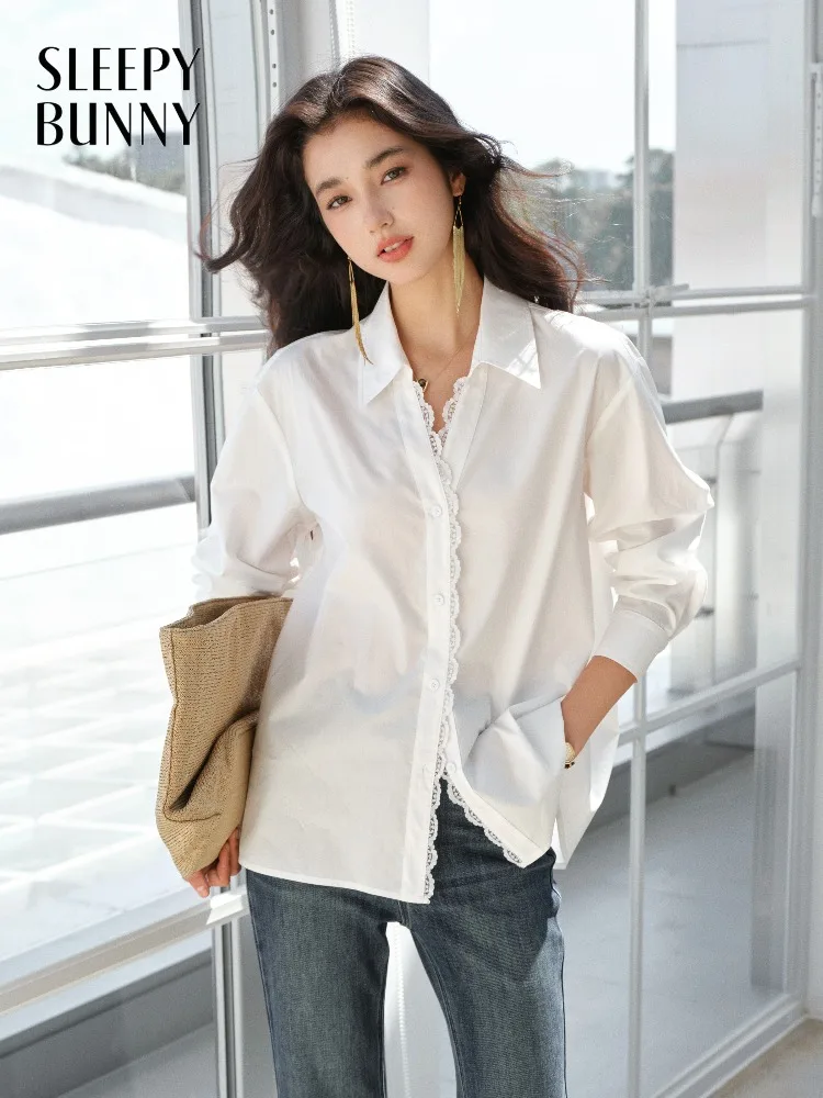 

Chic Lace Trim White Blouse Elegant Long Sleeve Shirt Women Loose Casual Office Top with Button Down Design Autumn Fashion Wear