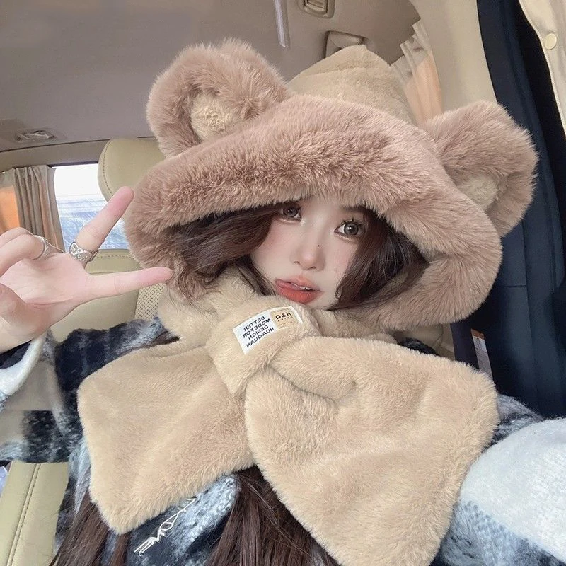 Cute Bear Hat Scarf All-in-one Cold-proof Warm Hooded Scarf Winter Plush Hat Plush Cycling Skiing Warm Ear Protection Hat