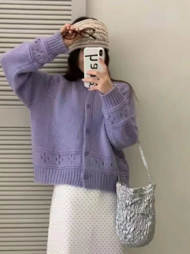 Sweet Pink Lace Hook Knit Sweater Cardigan Women's Loose Spring Autumn Soft Thin Knitted Top Coat round Ne Long Sve