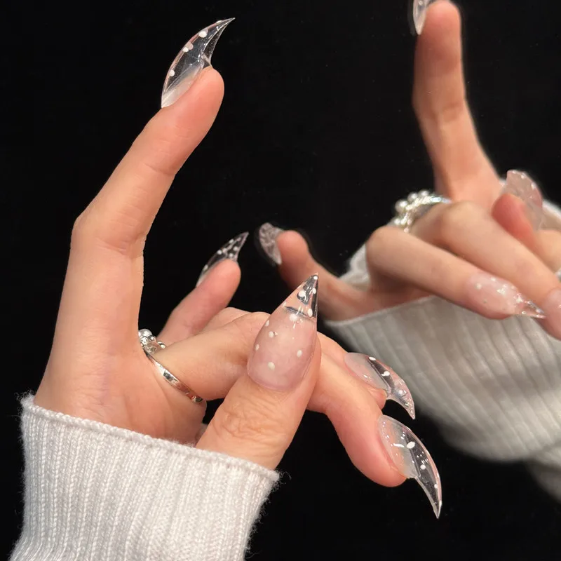 Cross-border European and American foreign trade pure handmade dragon-style nude pearl polka dot press-on nails, clear