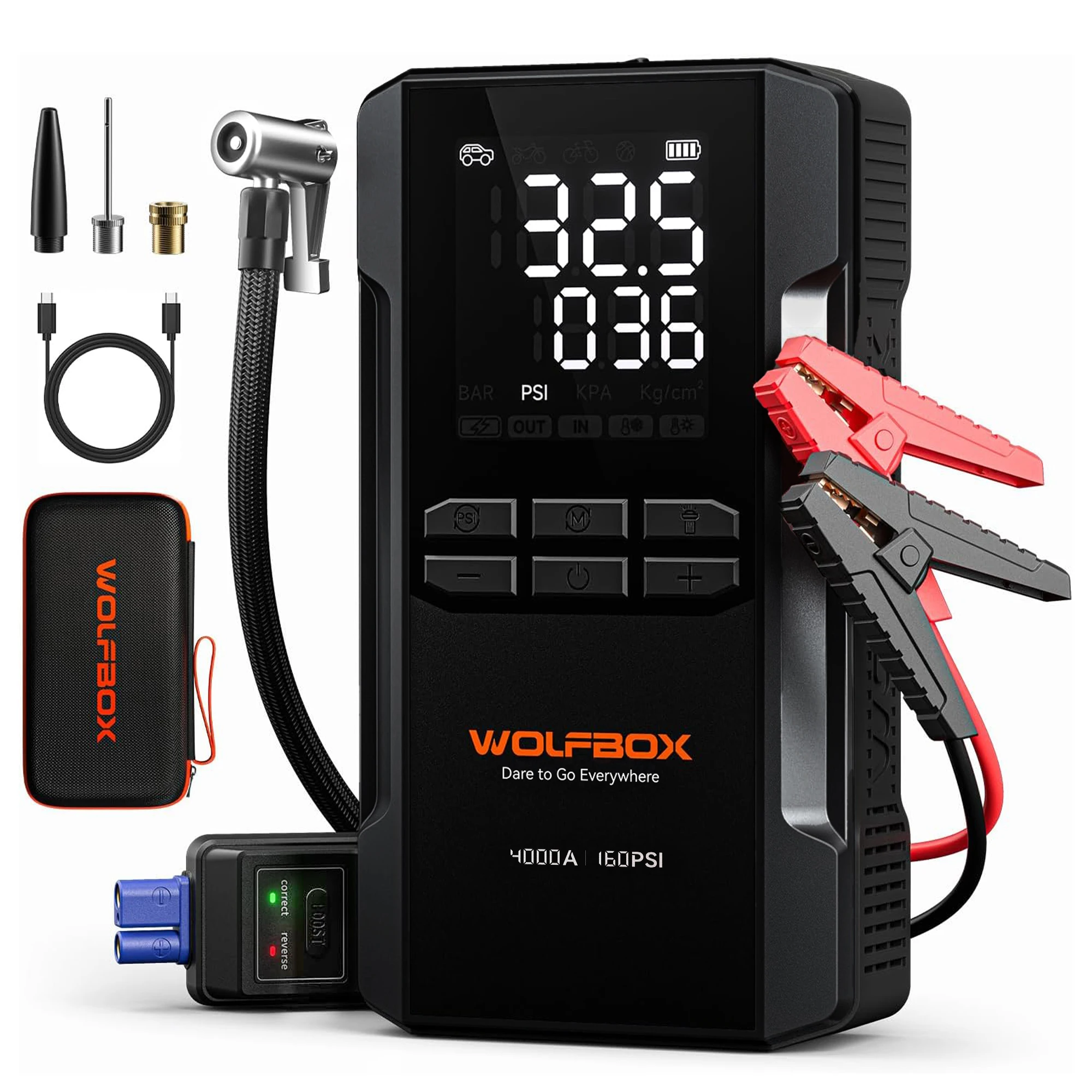 WOLFBOX JS24AIR 4000A Starthilfe 160PSI Luftkompressor 12V Autobatterie-Booster, 88,8Wh Tragbare Starthilfegerät (10L Benzin/10L Diesel) Reifenfüller LED-Licht