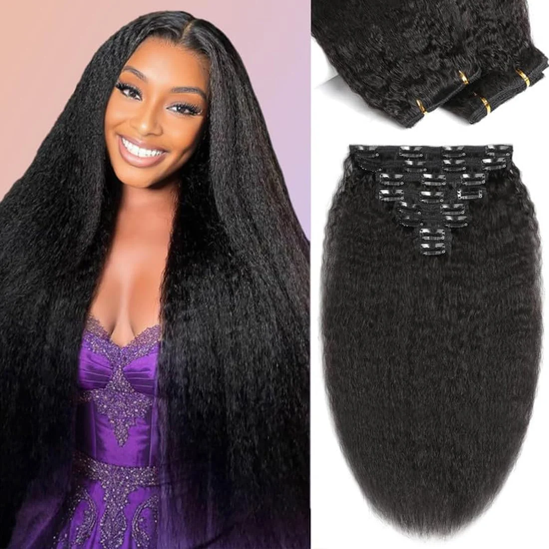

Kinky Straight Clip ins 8 шт., 120 г, прямые заколки Yaki для наращивания волос, настоящие человеческие волосы, 18 зажимов, двойной уток, натуральный черный