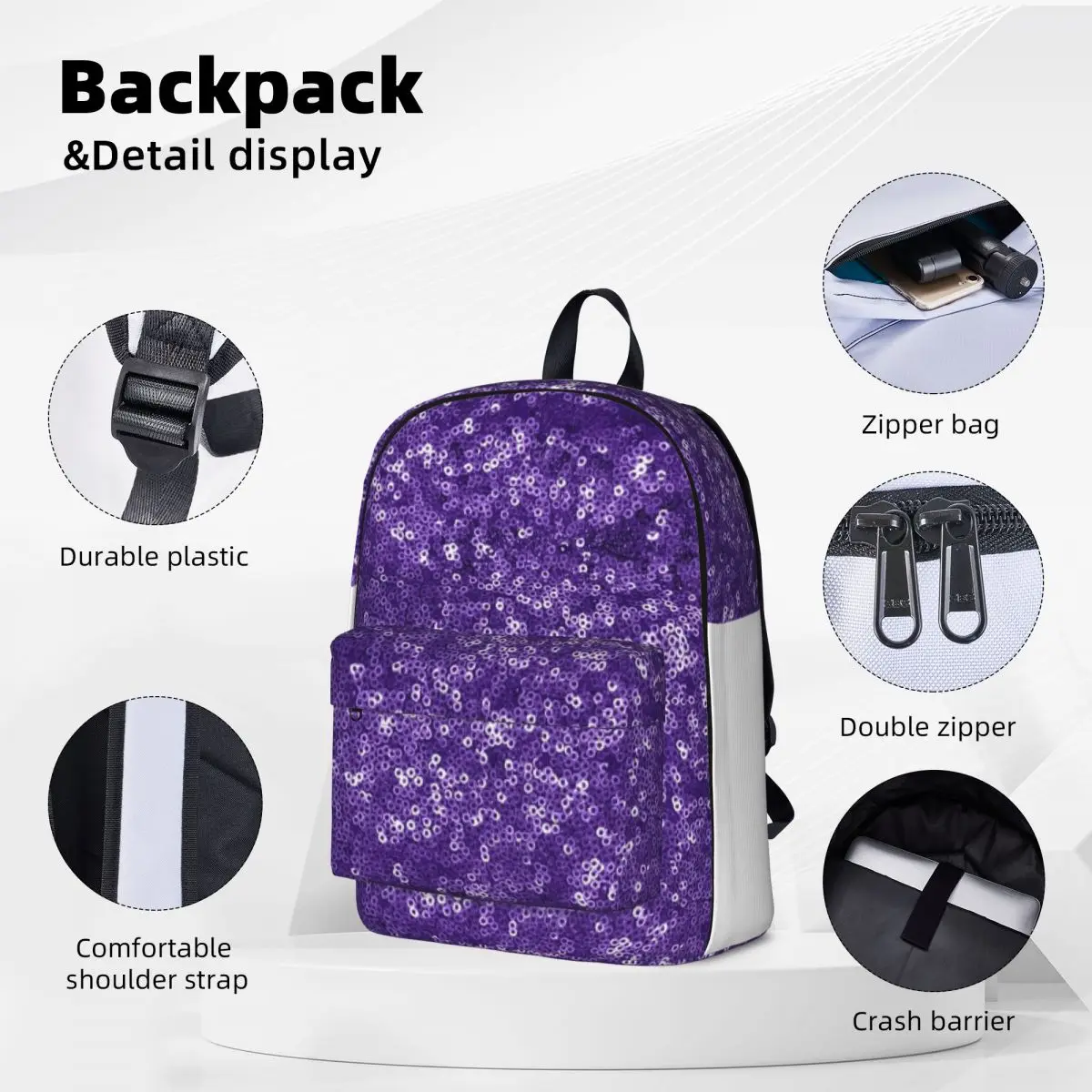 Printed Image Of Purple Sequins - Not Reflective Backpacks Student Book bag Shoulder Bag Laptop Rucksack Children School Bag