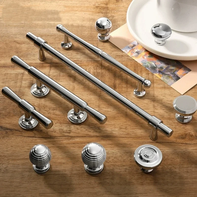 Pure Copper Solid Chrome Plated Handle, French High-end Clothing Cabinet Door Handles, Bright Silver Cabinet Drawer Pulls