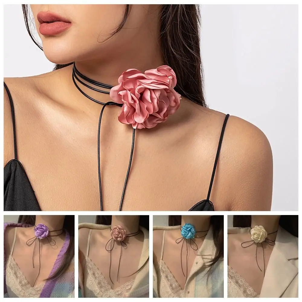 

Spring Retro Lace-up Rope Fabric Flower Choker Necklace for Women Fashion Jewelry on Neck Accessories Gifts