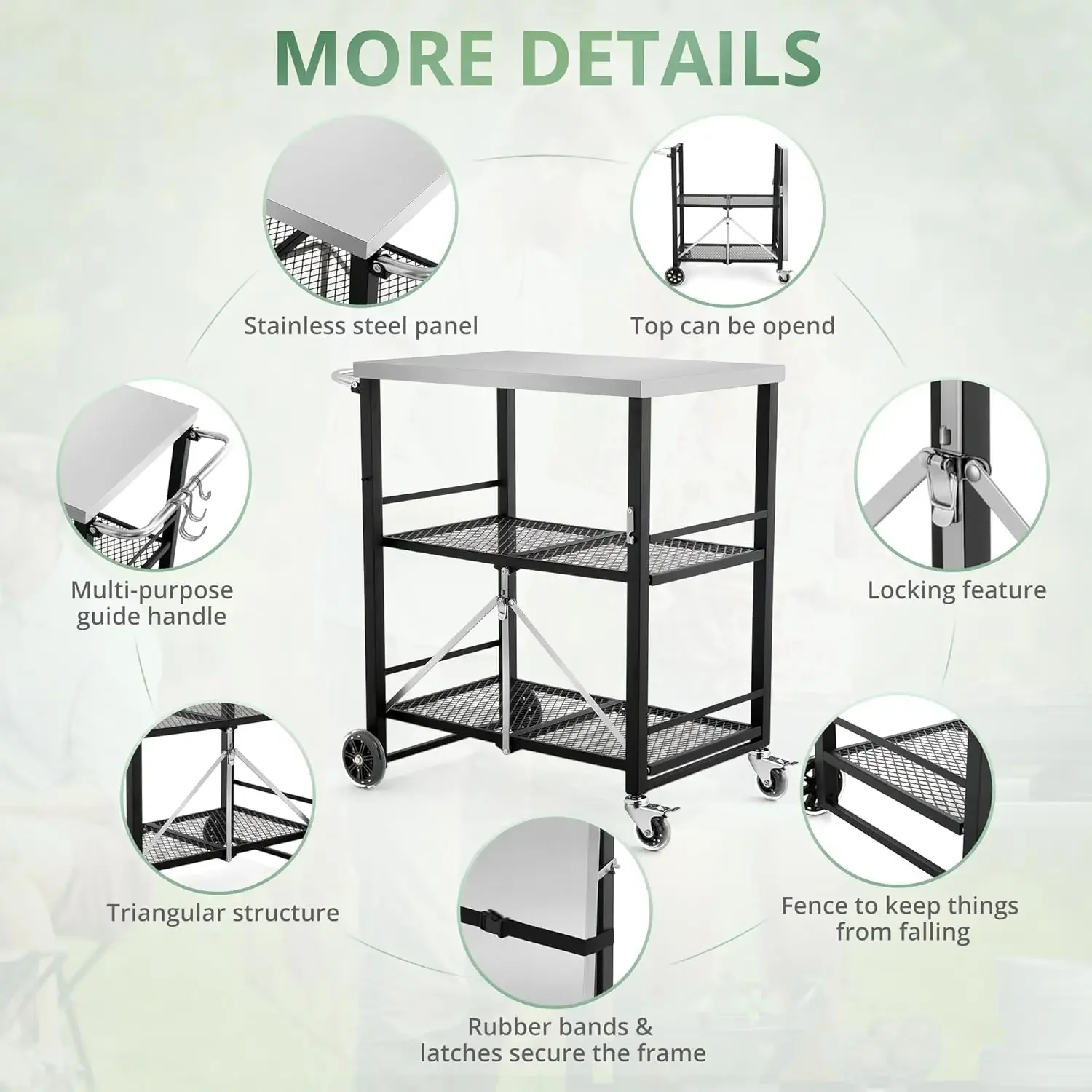 Foldable Outdoor Grill Cart with 2 Total Lock Casters, Stainless Steel Pizza Oven Stand, Rolling BBQ Table and 3 Shelf Folding K