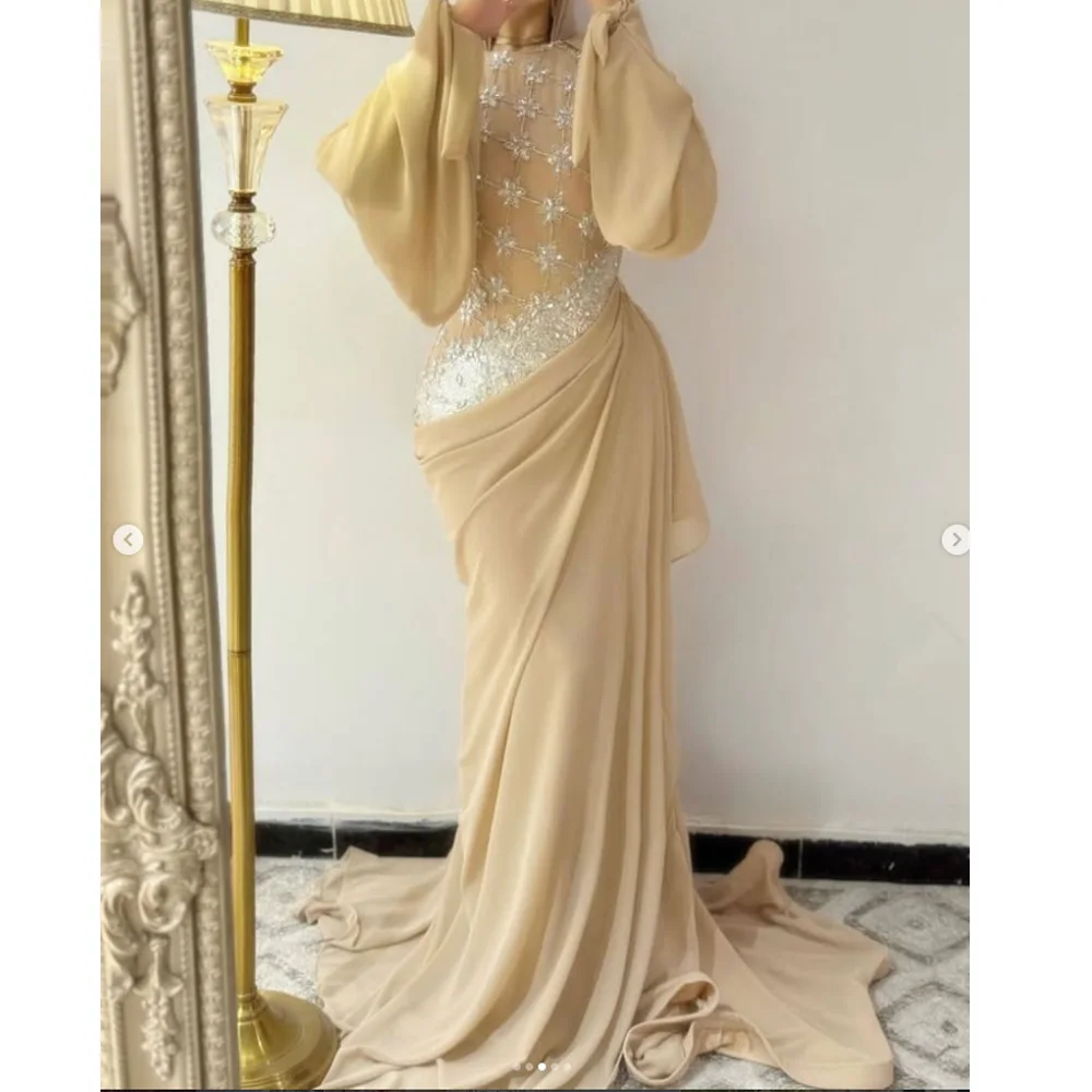 

Customized Mermaid Long Sleeves Evening Dresses O-Neck Floor Length Pleated Beadings Prom Dresse2026 Vestidos De Noches