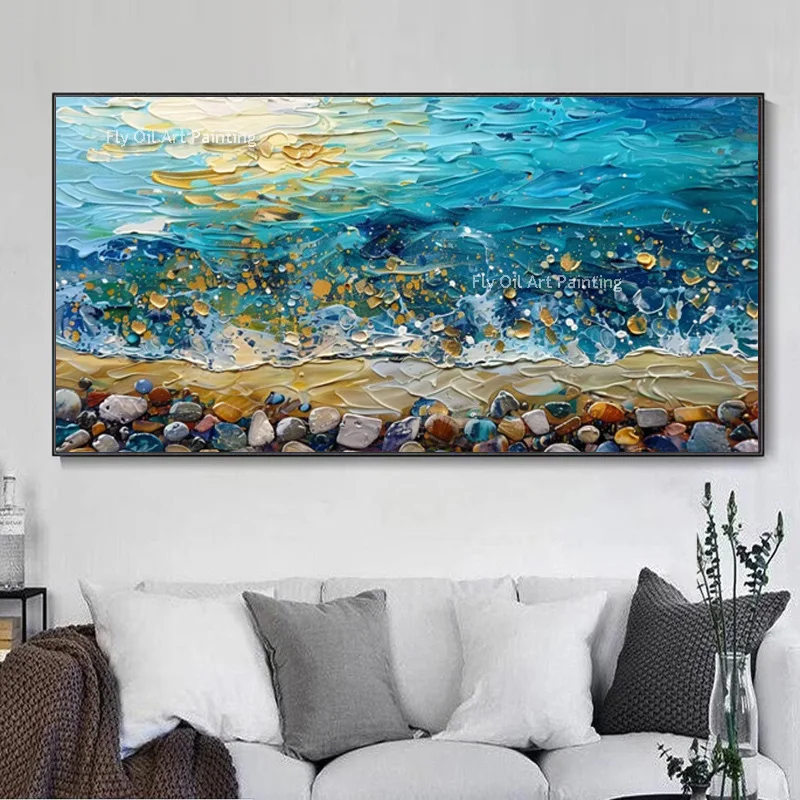

Холст с изображением синего побережья морских волн, Настенная картина ручной работы, морской пейзаж, гусь, мягкий камень, вид на пляже, Золотая фольга, картина маслом для украшения стен