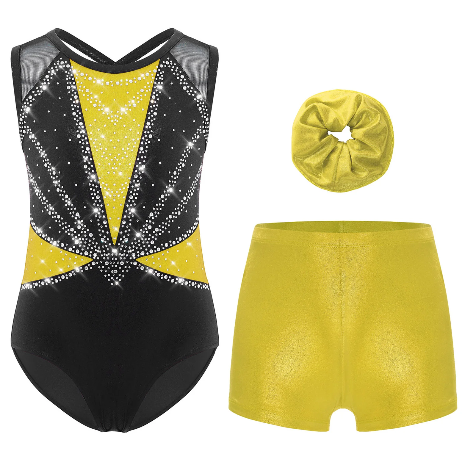 

3Pcs Kids Girls Gymnastics Ballet Dance Performance Outfits Sleeveless Shiny Rhinestones Leotard with Shorts And Hairband Set