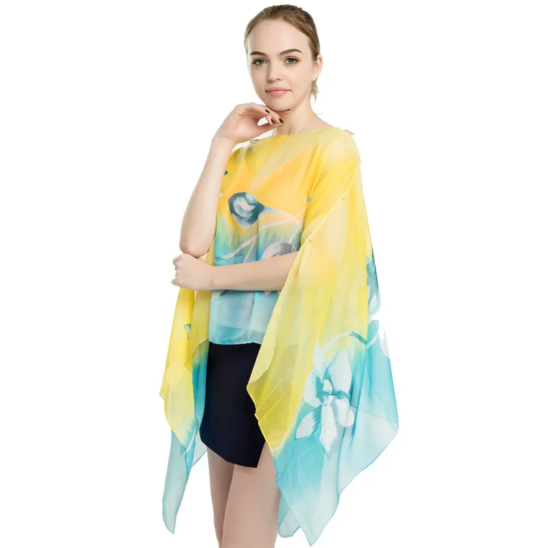 

New Chiffon Printed Scarf Shawl Dual Purpose Summer Women Sunscreen Shawl Nail Buckle Imitation Silk Scarf Cloak Yellow