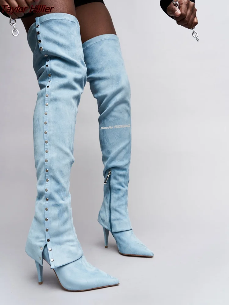 

Blue Denim Over-The-Knee Boots Pointed Toe Stiletto Side Zipper Fashion All-Match Catwalk Boots Ladies Autumn And Winter 44