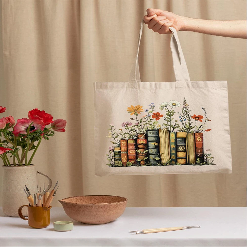 Pretty Book Tote Bag Floral Canvas Shopping Bag Book Lover Gift Library Everyday Carry Bag Reader Book Club Shoulder Tote