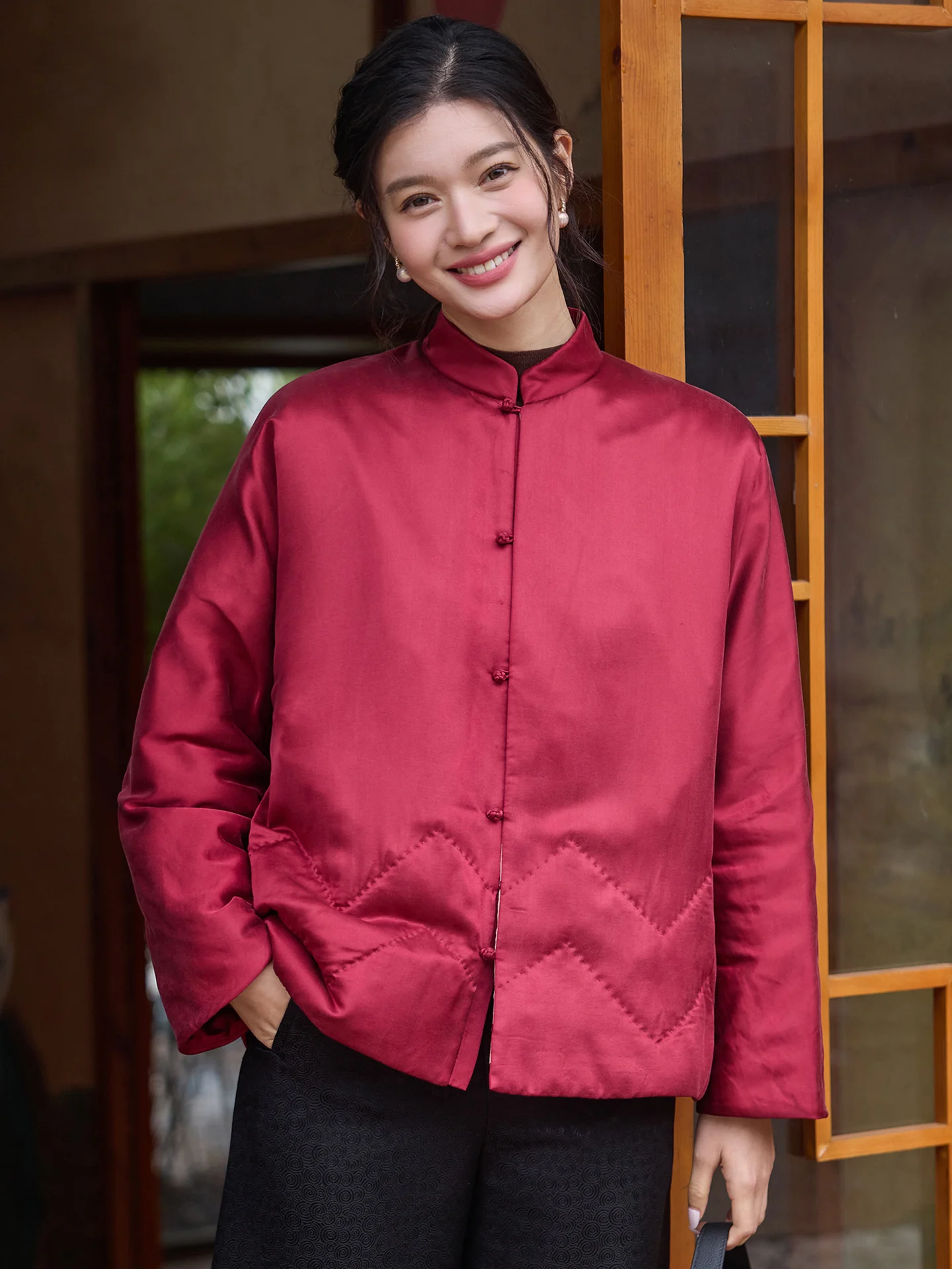 

Philothia Silk Sand Wa Satin Winter Cotton Jaet Women's round Ne Cotton Filled Outerwear Traditional Chinese Sle Arti...