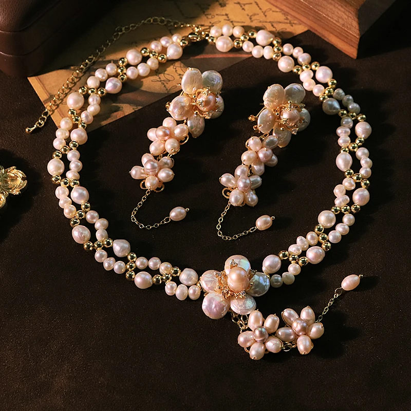 Natural Pearl Flower Necklace and Earrings Set Luxurious Design High-Quality Set for Banquet Wedding Women's Jewelry GS0227 view 3