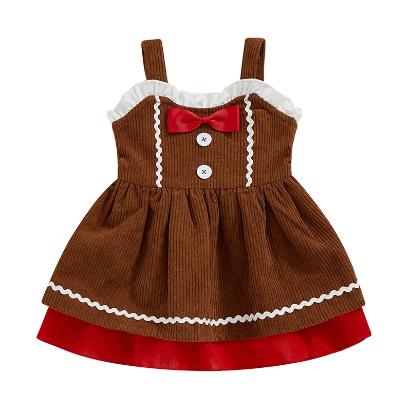 

Toddler Girl Gingerbread Man Dress Sleeveless Patchwork Ruffled Bow Button Decor A-Line Dress